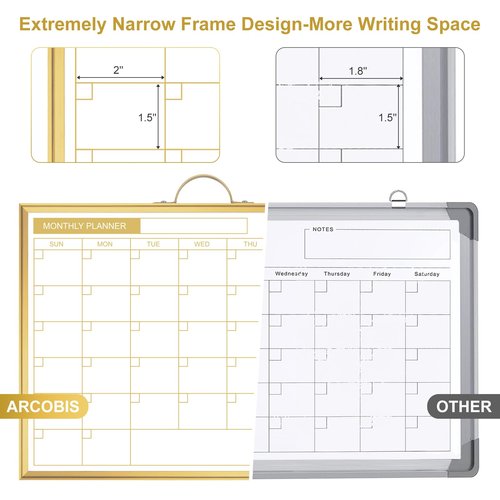 ARCOBIS Monthly Calendar Whiteboard - 12" x 16" Double-Sided Magnetic Dry Erase Board with Gold Frame - Portable Wall Hanging Planner for Home, Office, School