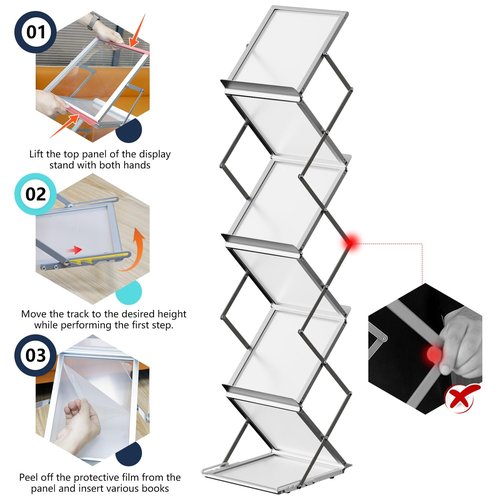 Aluminum Folding Magazine Rack with 6 Pockets, Floor-Standing Exhibition Display Stand, Perfect for showcasing brochures, magazines, and flyers in trade shows, offices, libraries, and reception areas