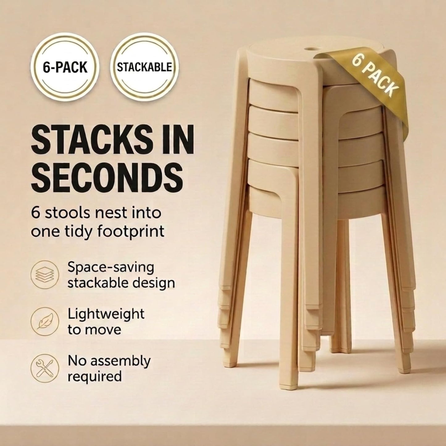 Stackable Stools Set of 6 - Durable Plastic Seating for Classroom & Home Office | 18-Inch Height, Supports 500 lbs | Beige