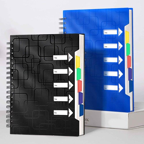 CAGIE 2 Pack Spiral Notebooks College Ruled Total 480 Pages 5 Subject Notebook with Tabs Dividers A4 Notebooks for Work Organization Note Taking School, Black& Blue, 8.5x11