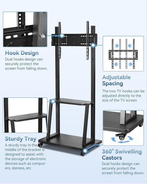 Mobile Height-Adjustable Stand with Locking Wheels for 43-65" Office Screens | Dual Steel Shelves | 176lbs Capacity | Heavy-Duty for Conference Rooms & Presentations
