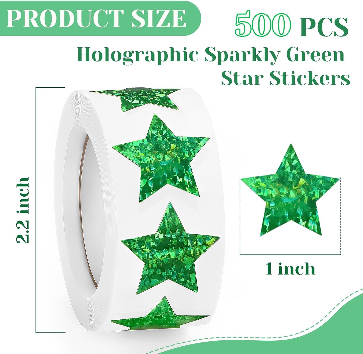 Skiennix Holographic Green Star Stickers - 500 PCS Self-Adhesive Glitter Foil for Kids' Reward Charts