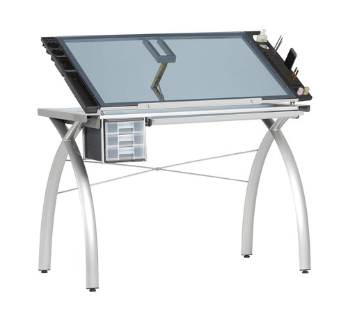 SD STUDIO DESIGNS Futura Crafting, Drafting, Drawing Table with Adjustable Top, Silver/Blue Glass