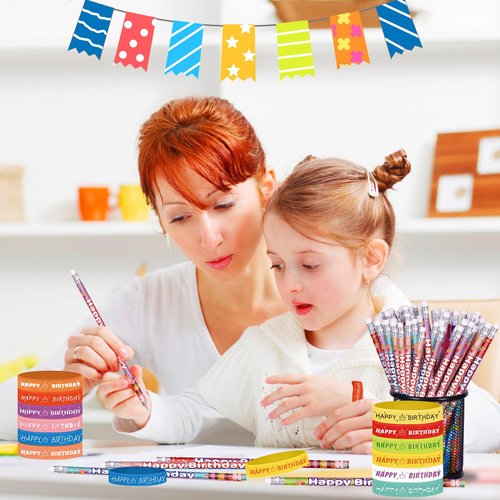 emzrivo 48 Pcs Happy Birthday Pencils Set 24 Happy Birthday Pencils for Students 24 Happy Birthday Silicone Bracelets Rubber Wristband Bulk Birthday Classroom Gifts (Modern)
