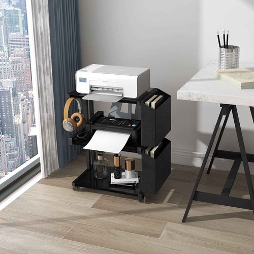 VEDECASA 2 Tier Black Printer Stand with Storage Bag for Home Office Desktop Printer Table Underdesk Organizer Mobile Printer Shelf with Caster Wheel (Black)