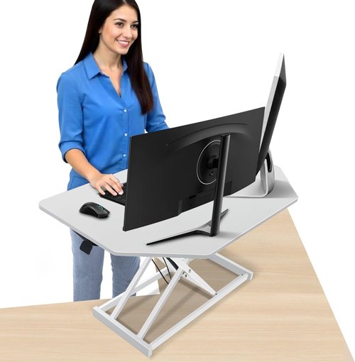 Aconcept 32-Inch White Corner Standing Desk Converter - Height Adjustable Sit to Stand Riser | Dual Monitor Workstation