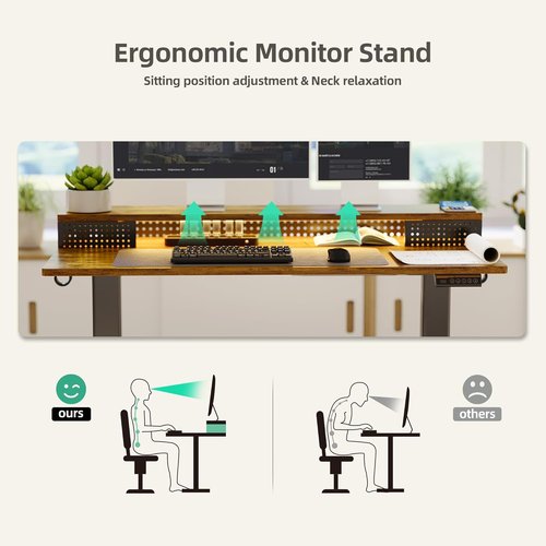 Claiks Electric Standing Desk - 55 Inch Height Adjustable with LED Lights & Monitor Stand | Black Frame/Rustic Brown Top