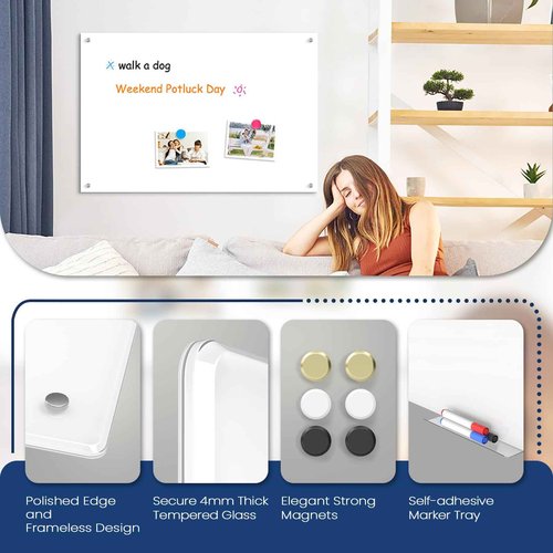 Lumspax 0.3mm Reinforced Metal Backing Glass White Board for Wall, 36" x 24" Large Pure White Tempered Glass Board with Frameless Design, 3' x 2' Big Dry Erase Board for Home, Office, School