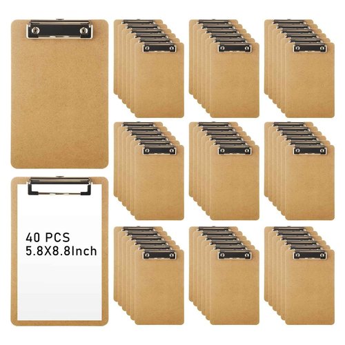 WOPPLXY 40 Pcs Mini Clipboards, 6" x 9" Small Clipboards Bulk, Wood Hardboard with Low Profile Clip, A5 Memo Size Clip Boards, Mini Wooden Clipboard for Home, Office, School Classroom Supplies, Brown
