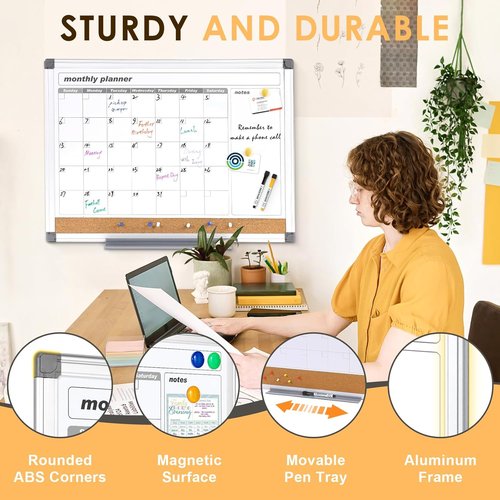 MAKELLO Dry Erase Calendar - Large 36" x 24" Wall Whiteboard with Cork Board for Home & Office