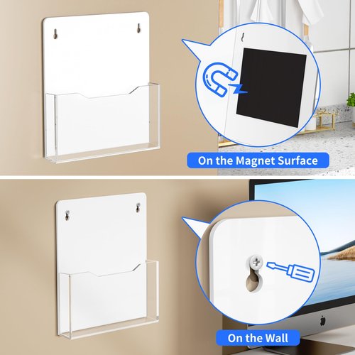 Carmanon Acrylic Magnetic File Holder, Clear Mail Holder Wall Mount with Powerful Magnetism, Hanging Wall Magazine Organizer for Refrigerator, Whiteboard, Ofiice (6 Pack)