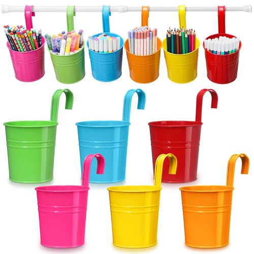 Fullhawl 6 Pcs Pencil Holder Crayon Organizer for Classroom Metal Iron Wall Crayon Organizer Hanging Art Storage Buckets with Retractable Pole Bucket Planter for Classroom Back to School Supplies