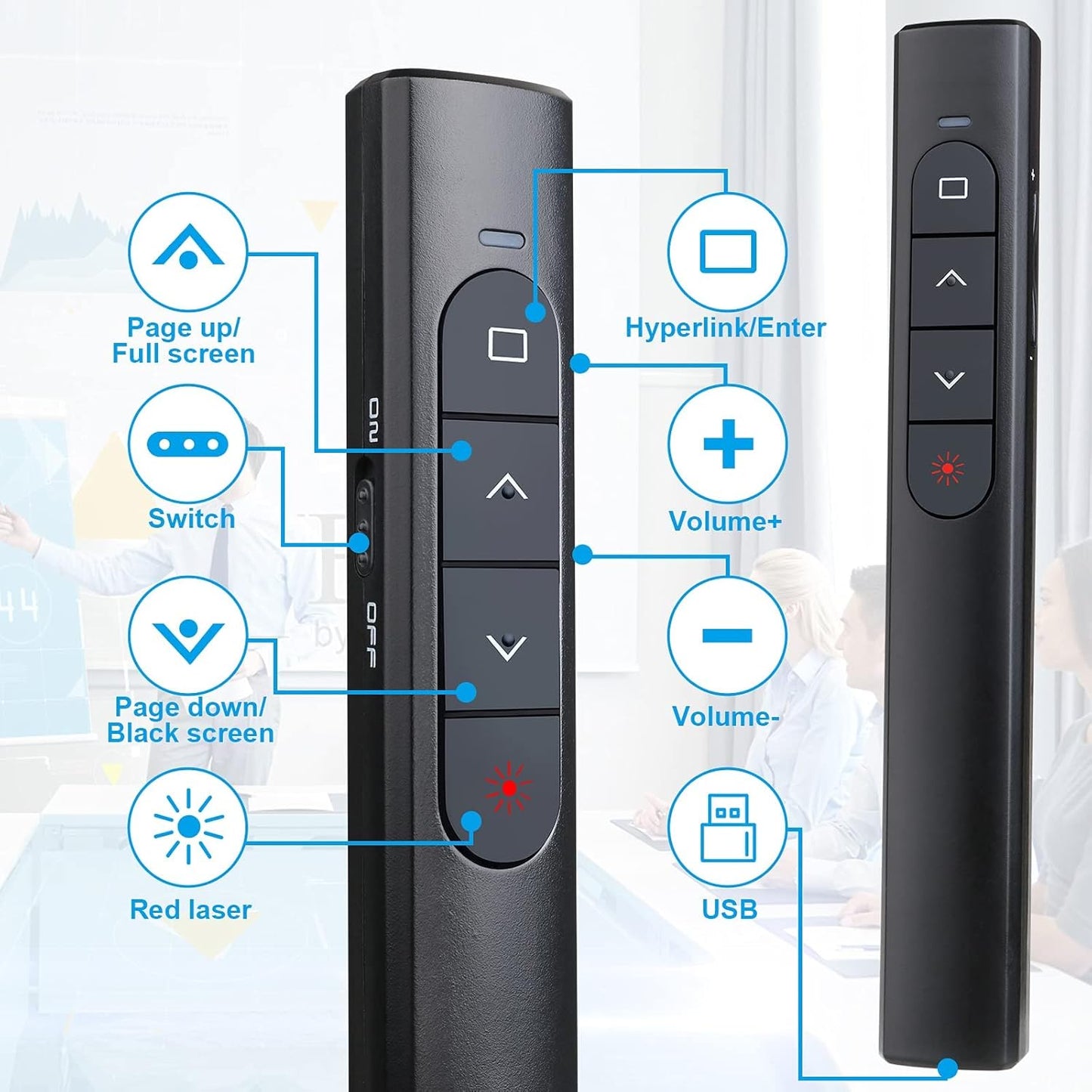 Skiennix Wireless Presenter Remote - Presentation Clicker with Hyperlink & Volume Control | Compatible with Mac/PC/Laptop