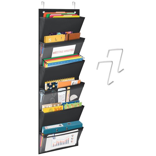 Godery Sustainable Office Storage Pocket, Cascading Wall File Organizer, 6 Pockets, Letter Size, File Folder Holders for Classroom, Office, School and Home, 45" H x 13" W - Black