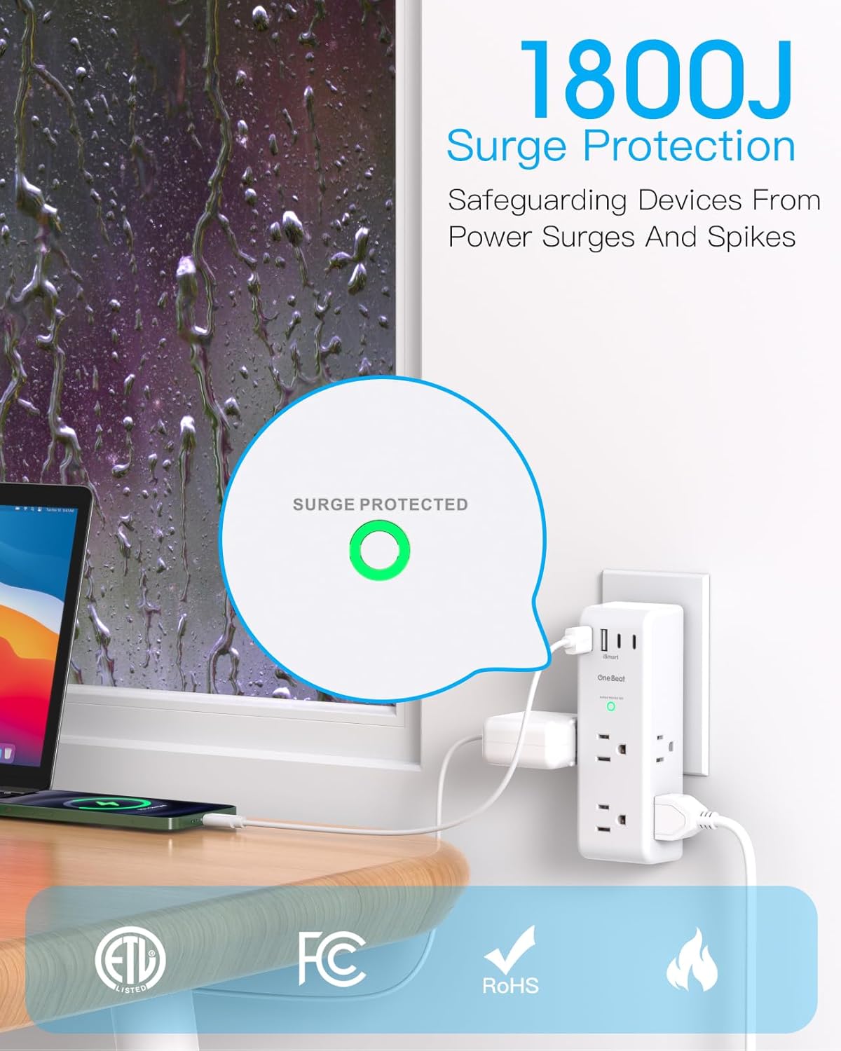 Surge Protector by [Brand Name] - 6 AC Outlet Extender with 4 USB Ports, Rotating Plug & 1800J Protection | Ideal for Home & Office