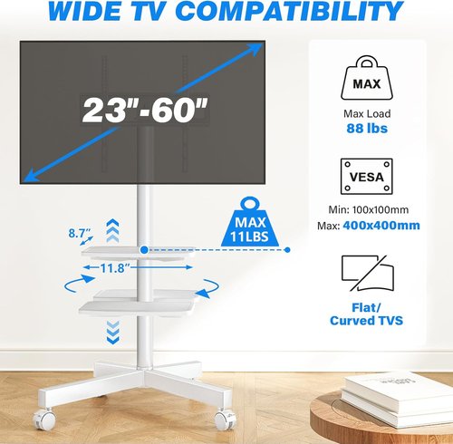 Rfiver Mobile TV Stand - Rolling Floor Stand for 23-60 Inch TVs | Adjustable Shelf & Tilt, White