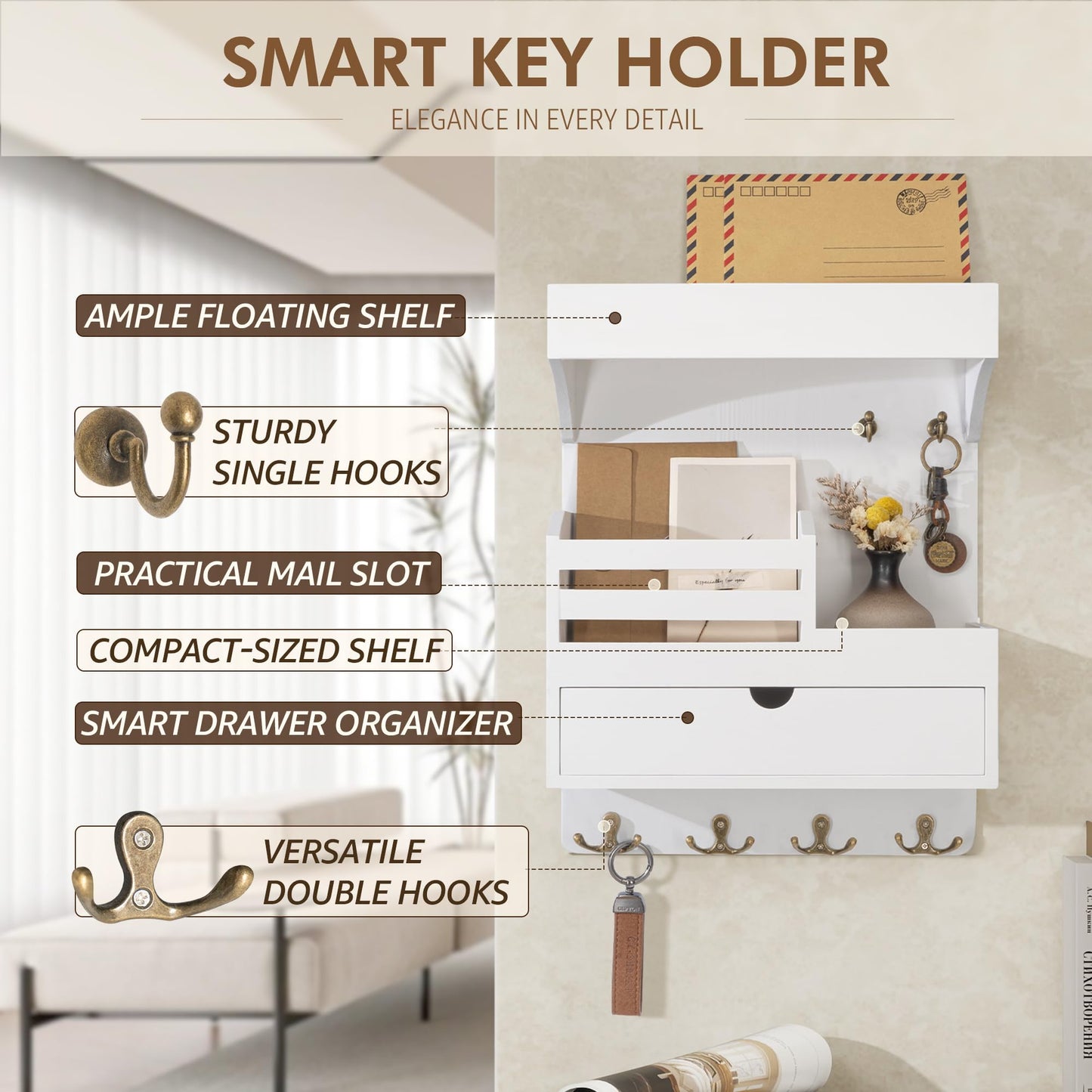Rebee Vision Key Holder Wall Mount with Drawer Organizer – Pine Wooden Mail and Key Organizer with 6 Sturdy Hooks and Wall Shelf – Modern Living Room Decor for a Modern Home (White)