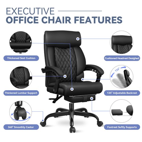 Office Chair, Big and Tall Office Desk Chair, Reclining Office Chair with Footrest Home Office Desk Chairs, High Back Ergonomic with Lumbar Support, Executive Leather