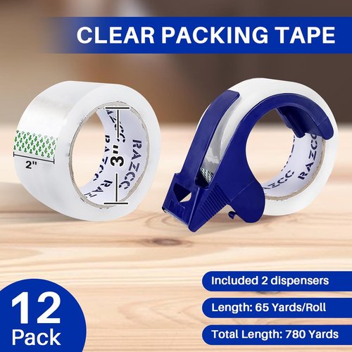 RAZCC Heavy Duty Clear Packing Tape - 12 Rolls with Dispensers | 2" x 65 Yards Each, Perfect for Shipping & Moving