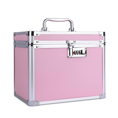 Buanson Girls Makeup Box Organizer Storage with Combination Lock, Locking Makeup Cosmetic Train Case for Women, 9.96" x 6.8" x 7.79" Travel Make up Box Pink