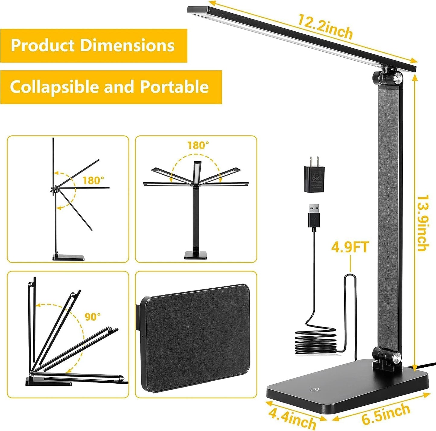 Skiennix LED Desk Lamp - Dimmable 3-Level Lighting with USB Charging Port | Compact Black Study Light