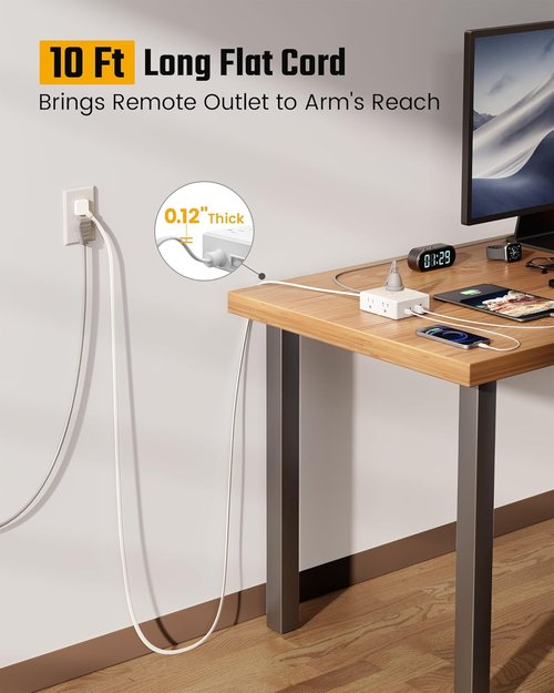 Skiennix 10Ft Extension Cord - Flat Plug Surge Protector Power Strip with 8 Outlets & 4 USB Ports | Ideal for Home Office & Dorm Room Essentials