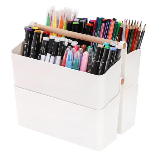 Frcctre 2 Pack Plastic Portable Organizer Caddy Tote with Handle, Stackable 8 Slots Storage Organizer Bin with Adjustable Dividers for Home Bathroom Classroom Art Crafts Storage Supplies
