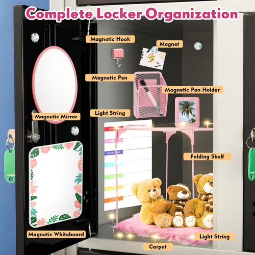 Suzile 16 Pcs Pink Locker Accessories Kit Included Locker Organizer Shelf, Magnetic Whiteboard, Course Schedule, Rug, Magnetic Mirror, Pen Holder, Pen, Planner, Photo Frame, Clips, Light String