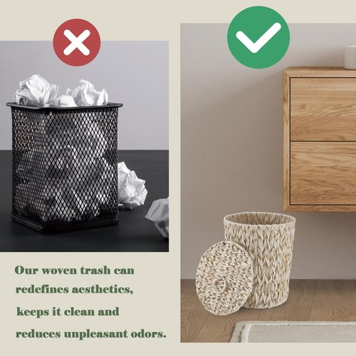 YOKOMI Plastic Wicker Trash Can with Lid - 4 Gallon Bathroom Garbage Can - Boho Hand Woven Water Hyacinth Wicker Waste Basket for Bedroom, Living Room, Home, Office (Beige)