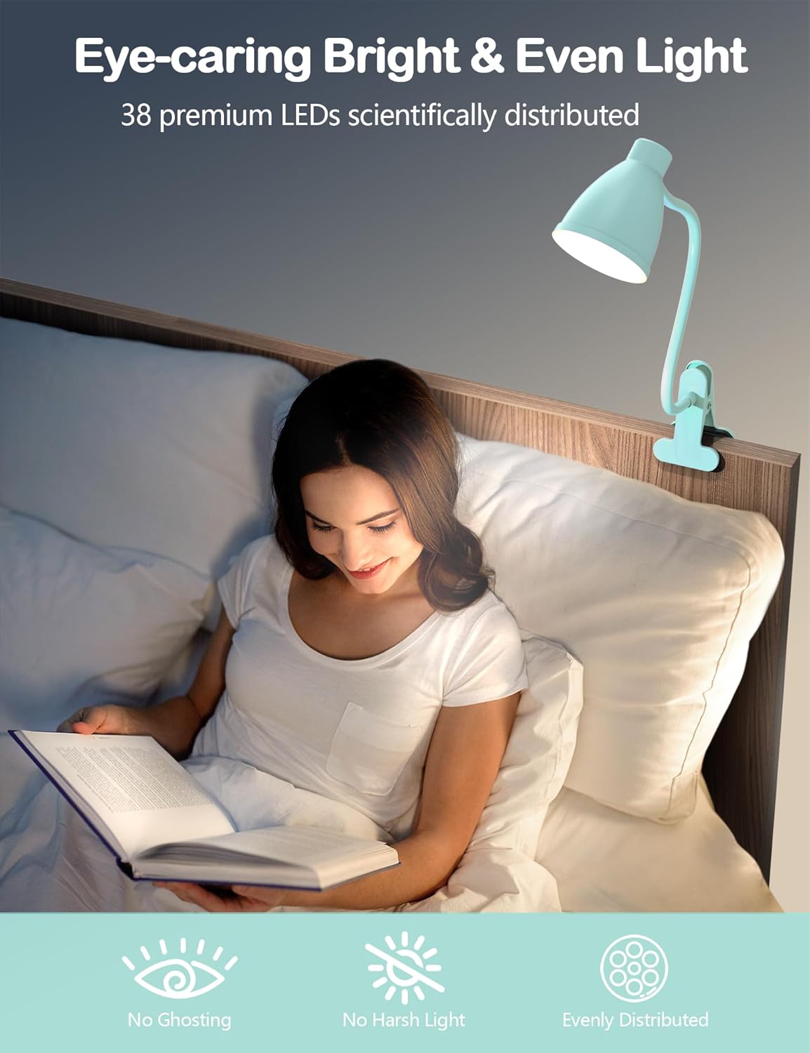 BOHON Desk Lamp - 10W LED Clip-On Light with 5 Colors & 10 Brightness Levels | Flexible Gooseneck, Teal