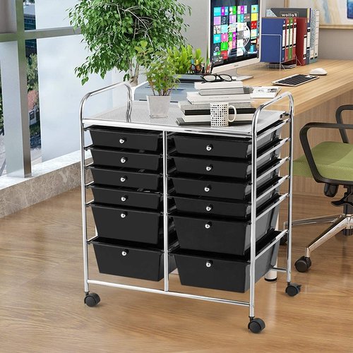 FANTASK 12-Drawer Rolling Storage Cart, Multipurpose Organizer Utility Trolley on Wheels, Tools Scrapbook Paper Organizer for School, Office, Home, Beauty Salon (Black)