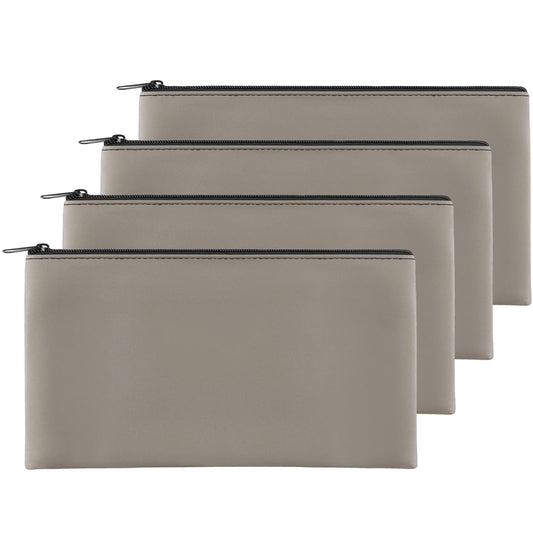 4Pack Money Bag 11 X 6, Safe Durable Waterproof PU Leather Bank Pouch With Zipper for Cash, Coins, Checks, Makeup, Bills, Receipts, Tool Storage (Grey)