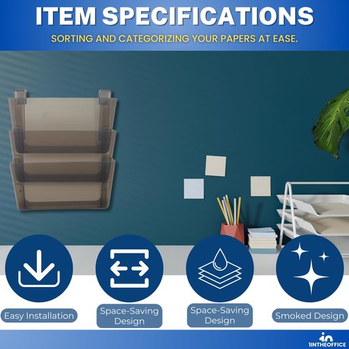 1InTheOffice Wall File Holder, Unbreakable 3-Pocket Plastic Letter Wall File, Plastic Wall Mount File Holder, 3 pocket wall file holder, Smokey Black, 3 Pocket