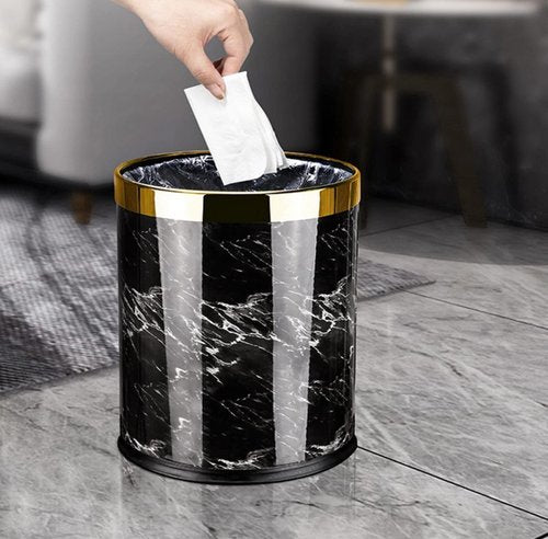 Luxury Metal Waste Bin with Leather Cover,Open Top Office Wastebasket,Double Layer Trash Can,Round Shaped (Black Marble w/ Gold Ring)