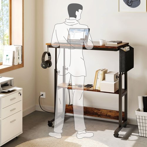 YITAHOME Height Adjustable Table with Charging Station, Portable Desk with Wheels, Small Standing Rolling Computer Desk with Tiltable Tabletop and Storage Bag, Brown