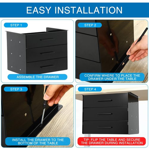 Menkxi 16 Inch Slide out Under Desk Drawer 3 Layer Pull out Desk Organizer Storage Metal Mounted Sliding Hidden Under Counter for Writing Office Sit Stand Workstation, Vertically Stacked, Black