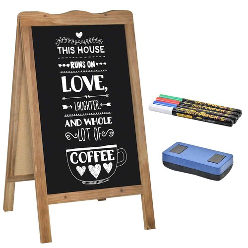 SANY DAYO HOME 37 x 20 inch Double Sided Standing Magnetic Chalk Board Sign, Wave Shaped Real Wood Frame Metal Sandwich Board with 4 Chalk Markers for Wedding, Business, Home, Brown