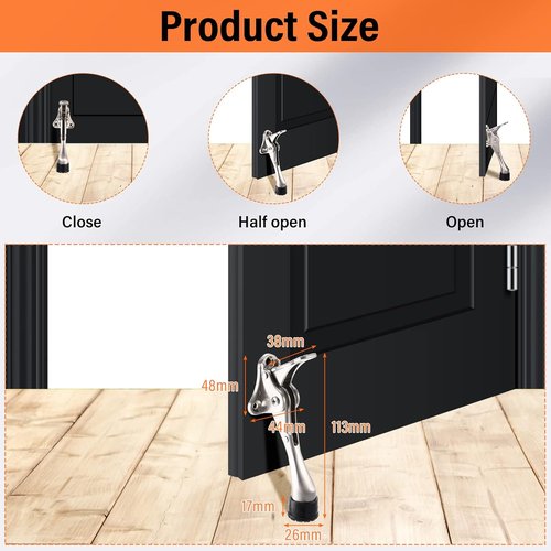 Moxweyeni Heavy Duty Door Stops - 6 Pieces Adjustable Metal Kickdown Doorstop with Rubber Tips | Silver