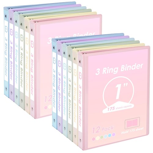 EOOUT 1 inch 3-Ring Binder 12 Pack Assorted Pastel Color with 2 Pockets Inside, Fits 11 x 8.5 Inch Paper with 175 Sheets Capacity, for Office, Home, School Project