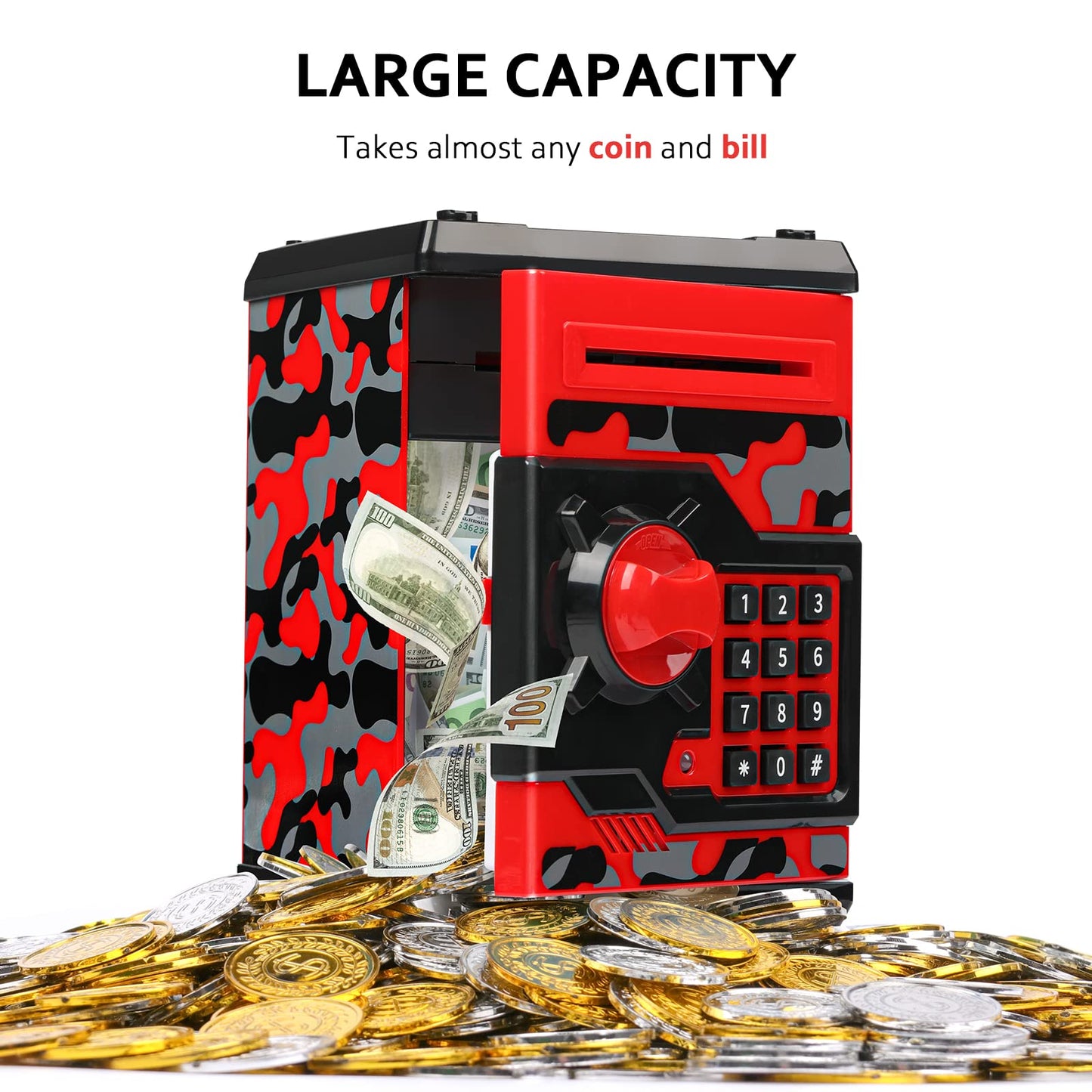 ATM Piggy Bank for Boys Girls, Vcertcpl Mini ATM Coin Bank Money Saving Box with Password, Kids Safe Money Jar for Adults with Auto Grab Bill Slot, Great Gift Toy Bank for Kids(Camouflage Red)