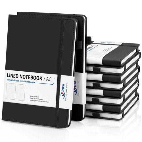 Dynta Hardcover Journal Notebooks 10 Pack A5 Lined Journals Bulk 5.8 x 8.4 Inch 160 Pages/80 Sheets College Ruled with Pen Loop Notebooks for Work, Writing, Note Taking (Black)