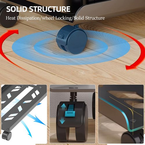 Hovadova Adjustable Computer Tower Stand, Ventilated Mobile CPU Stand Fits Most PC Tower, Steel Desktop CPU Holder with Rolling Caster Wheels, PC Floor Cart Riser for Gaming Office Desk Accessories