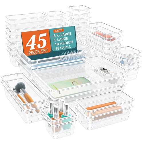 SpaceTrove 45 PCS Clear Plastic Drawer Organizers Set, 4-Size Versatile Bathroom and Vanity Drawer Organizer Trays, Storage Bins for Makeup, Bedroom, Kitchen Gadgets Utensils and Office