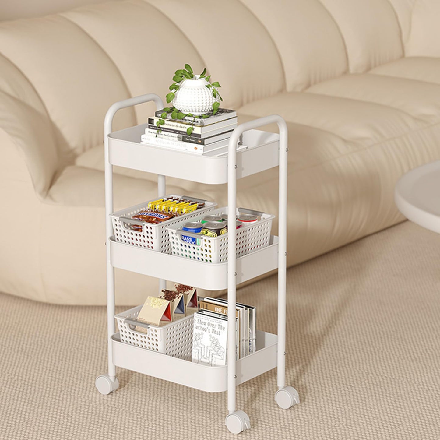 DKALIO 3 Tier Metal Rolling Cart, Heavy Duty Utility Storage Organizer with Lockable Wheels, Mobile Utility Cart for Livingroom, Bathroom, Kitchen, & Narrow Places, White