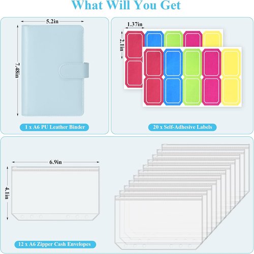 Antner A6 Budget Binder - Zipper Cash Envelopes for Money Organization | Mint Blue Budget Planner
