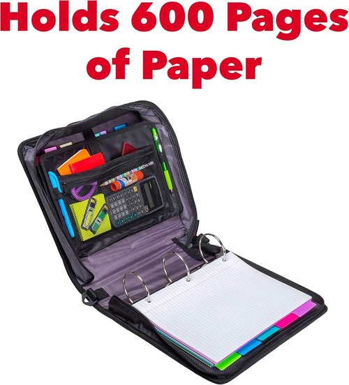 Case-it Mighty Zip Tab Zipper Binder - 3 Inch O-Rings - Expanding File Folder with 600 Sheet Capacity - Jet Black