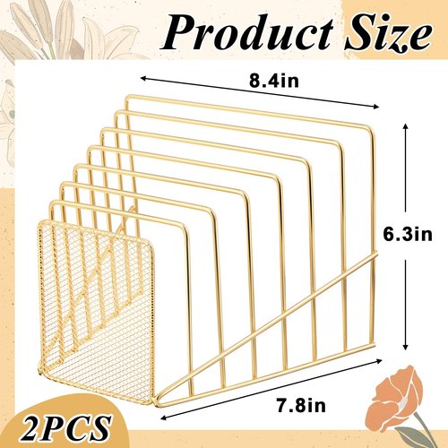Chivertion 2 Pcs 7 Slot Incline File Sorter Metal Wire Mesh File Racks for Desktop Letter Sorter for Magazine Folder Book Organizer Home Office School Paper Mail Desk Storage Holder(Golden)