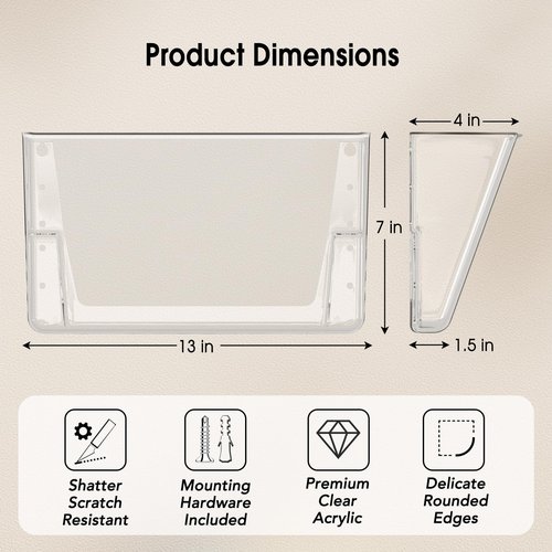 MaxGear Acrylic Wall File Organizer, 4 Pockets Clear Wall Mounted File Holder, Mail Organizer for Home, Office and School (13x4x7 inches)