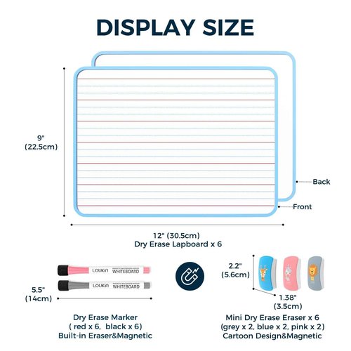 LOUKIN 6 Pack Small Dry Erase Lapboard, 9 x 12 Inch Double Sided (Ruled/Plain), Seamless Frame Mini Magnetic Lined Whiteboard Set, Great for Office (12 Markers&6 Erasers Included)