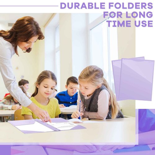 Henoyso 48 Pcs Plastic Folder with Clear Front Pocket and 3 Prongs Heavy Duty Plastic Folders with Card Slot Pocket Folders with Prongs for School Office Home(Light Purple)